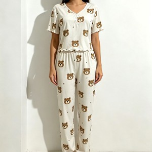 Ensemble de pyjama côtelé pour femme à imprimé dessin animé, col en V, haut court à manches courtes à demi-boutonnage et volants, <span class=keywords><strong>pantalon</strong></span> long à jambes larges, vêtements d'intérieur - Product Image 2