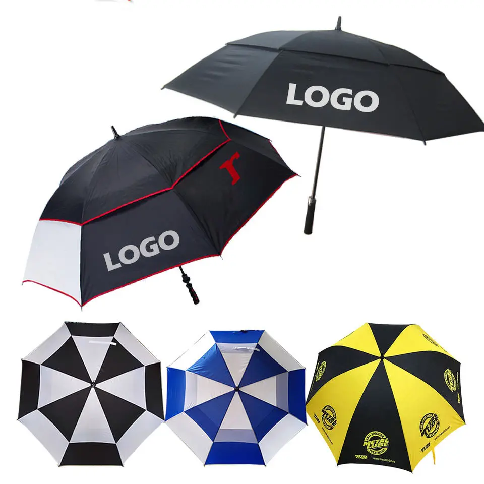Grosir Logo Kustom Payung Besar Kanopi Ganda Ventilasi Payung Tahan Angin Otomatis Terbuka Payung Golf Lurus