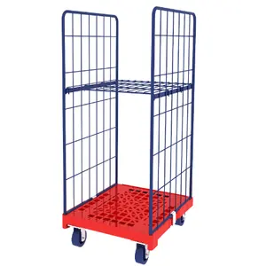 Warehouse Collapsible sturdy 2-side hand push mesh box foldable wheeled wire mesh trolley cart in shock