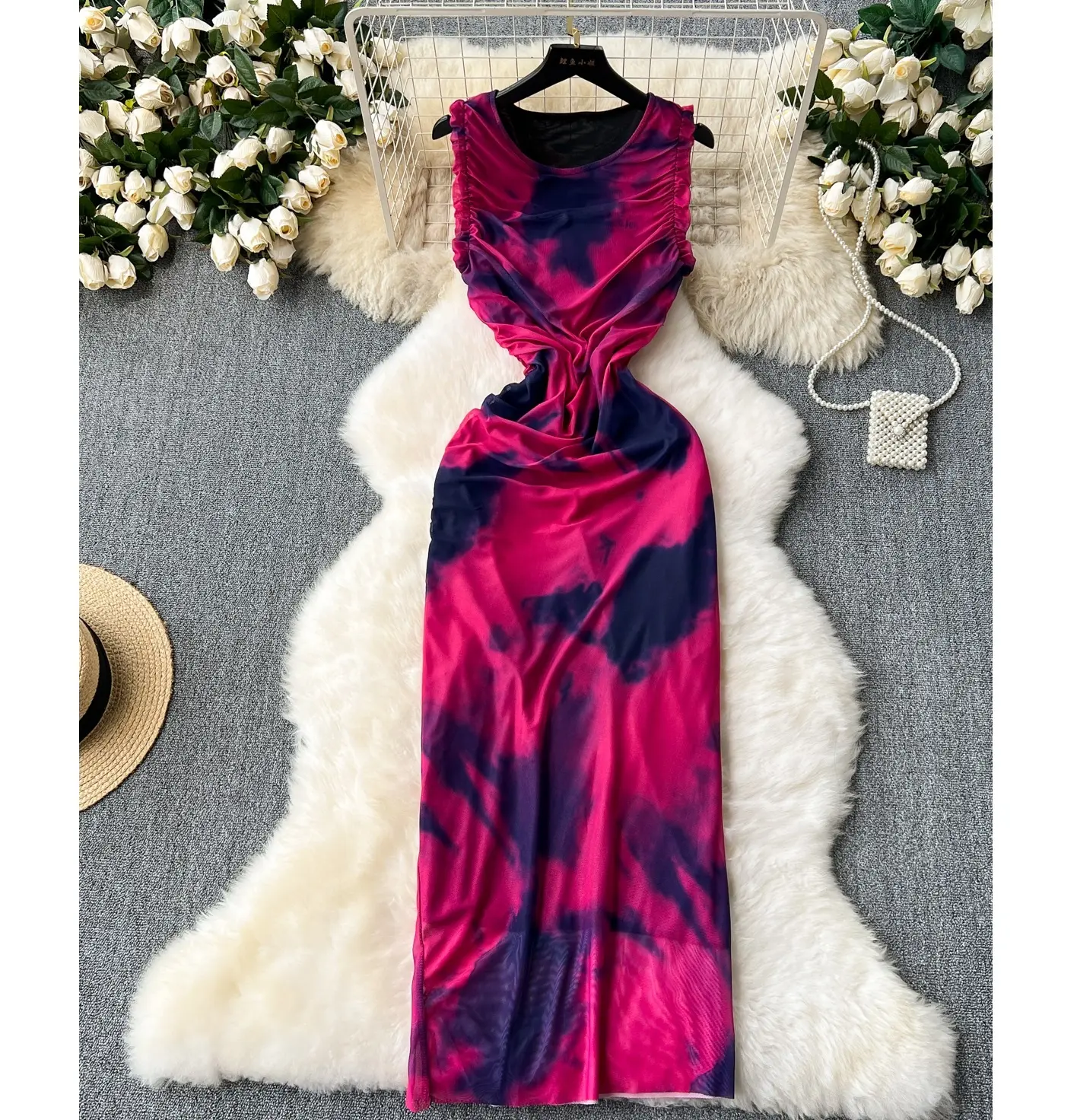 도매 여성의 여름 새로운 스타일 슬림 핏과 얇은 다목적 인쇄 얇은 명주 그물 드레스