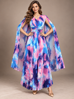 Nouvelle Arrivée Robe Femme Plissée Grande Taille Col V Manches Cape Imprimé Floral Ceinture Perlée Élégante Vente en Gros Style Miyake