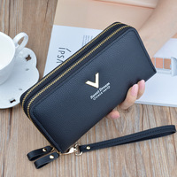 Dompet Panjang Wanita Kapasitas Besar dengan Ritsleting Ganda Pola Berbintik Sederhana Tas Ponsel Dua Lapis Bahan Poliester/PU-Baru