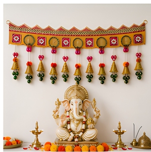 Traditional Indian Toran <b>Door</b> Hanging with <b>Beaded</b> Tassels and Bell Decor for Diwali Entryway Home Decor - Product Image 5