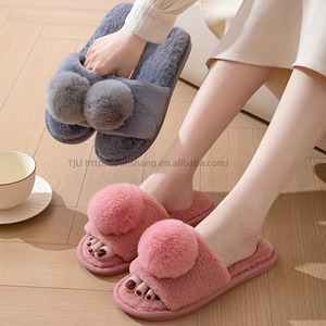 Mignonnes pantoufles en peluche chaudes d'hiver pour femmes, à bout ouvert, pour l'intérieur et l'extérieur - Product Image 2