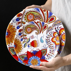 Creative Hand-painted Round Pottery Dessert Dish Bohemian Dinner <b>Set</b> - Product Image 5