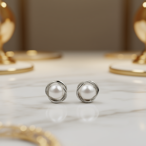 Orecchini a Perno E3141 in Oro Bianco con Perla Coltivata Rotonda, Montatura a Castone, Gioielli Classici da Donna per Uso Quotidiano - Product Image 2