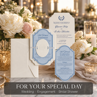 Invitation de mariage de luxe bleu poussière, carton de coton 600 g/m², gaufrage à sec, forme personnalisée, impression typographique, suite de cartes de mariage élégante