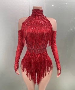 2025 Club Sexy combinaison brillant cristal transparent strass gland paillettes Performance <span class=keywords><strong>rouge</strong></span> manches longues <span class=keywords><strong>body</strong></span> pour maigre été - Product Image 4