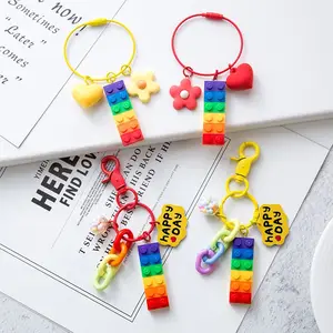 Creative DIY Building Block Keychain with Hanging Ring Acrylic Flower Heart Brick Offset/Screen/Embossed Print Keychain