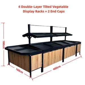 Tavolo Espositivo in Legno a Doppia Faccia con Piano Inclinabile per Verdure da Supermercato - Product Image 1