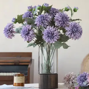 Senmasine bunga palsu sutra gaya Retro, batang panjang 2 kepala sentuhan asli bunga Dahlia untuk pernikahan dekorasi rumah biru ungu