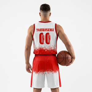 Conjunto de Uniforme de Baloncesto Personalizado Sublimado en Blanco y Rojo, Transpirable, de Malla, Unisex, Cuello en V, Secado Rápido, Diseño Degradado - Product Image 2