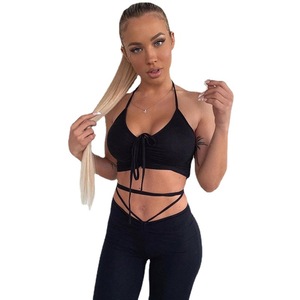 Women's Summer Casual Deep V Neck Solid Color <b>Tie</b> Up Strapless Backless Elastic Trousers <b>Set</b> Stretch Pants Cotton Material - Product Image 5