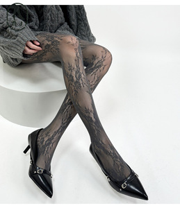 Collants résille rétro ajourés à motif floral, style Y2K, <span class=keywords><strong>en</strong></span> <span class=keywords><strong>nylon</strong></span> jacquard noir, sexy, anti-accroc, pour femmes, vente <span class=keywords><strong>en</strong></span> gros - Product Image 5