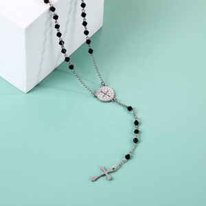 Collar de Rosario de Acero Inoxidable de Alta Calidad con Cuentas de Cristal Negro y Cruz de Jesús, Venta al por Mayor de Artículos Católicos, Pulsera de Cuentas - Product Image 2