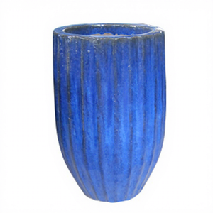 Grand pot de sol rond classique bleu en céramique émaillée, écologique et durable pour l'extérieur - Product Image 1