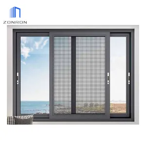 Zonron中国廉价房屋滑动黑色窗户双层玻璃铝窗带蚊帐，用于房屋窗户更换