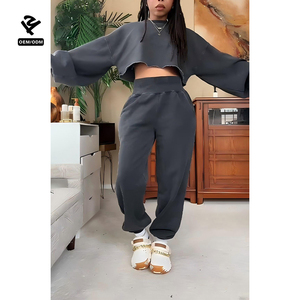 Ensemble de survêtement deux pièces pour femmes avec logo personnalisé, haut court rose, veste bomber zippée, sweat-shirt, cardigan, pantalon large, survêtement - Product Image 2