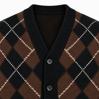 OEM Trendige Retro Preppy Argyle-Muster Weiche Mischgarn-Strickjacke Flauschige Lose Drop-Shoulder V-Ausschnitt Strick-Oberbekleidung