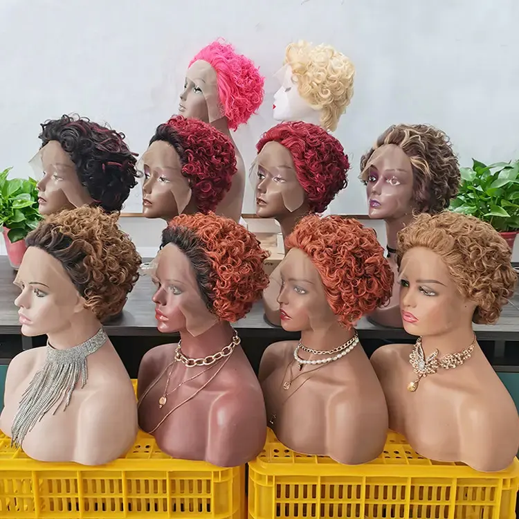 350 #4/27 T27 T350 kısa peri kesim peruk insan saçı siyah kadınlar için makine yapımı peruk tutkalsız İnsan saç kinky kıvırcık peruk