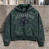Sweat à capuche zippé personnalisé pour homme, effet vieilli, orné de strass, style vintage délavé, streetwear, fabricant OEM