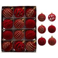 Boules de Noël rouges floquées de 6 cm, peintes à la main, en velours, ensemble de 12 décorations suspendues pour sapin de Noël, pour les fêtes