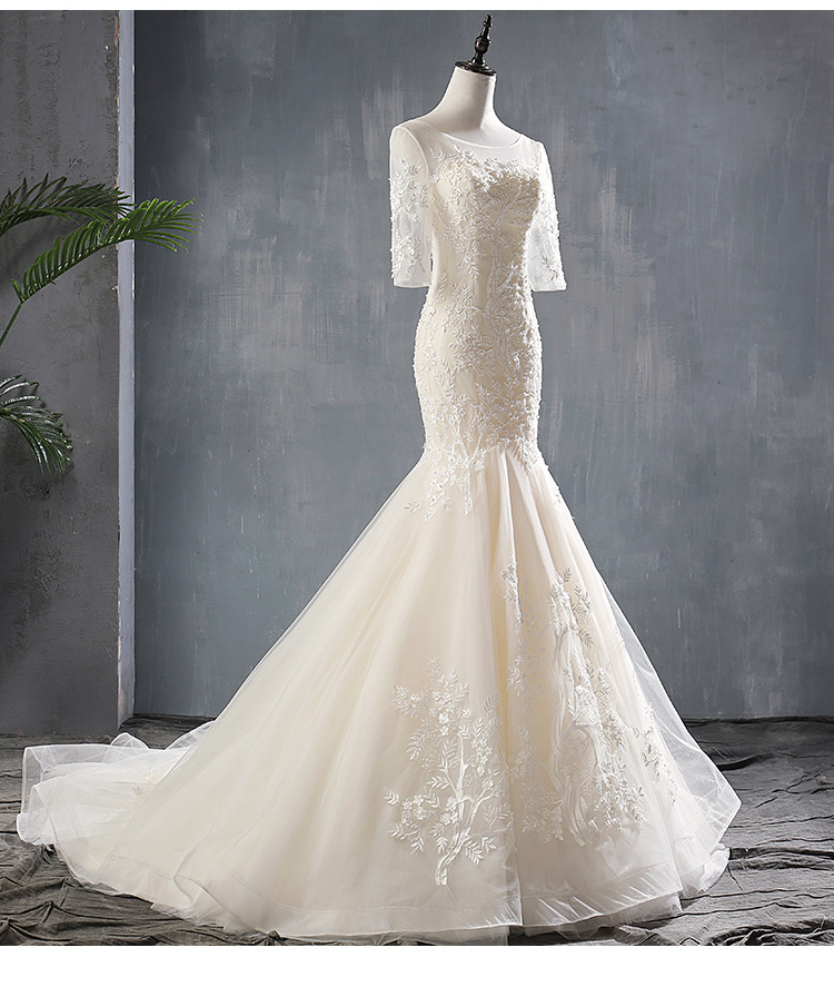chinese dress ladies Scoop-Neck Half-Sleeves Mermaid Wedding Dress Beaded Sequined Satin An –  Laxag