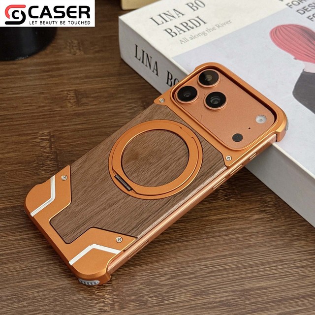 Magnetic Ring Phone Case With Hidden Kickstand Natural Walnut Wood Metal Bezel Anti Drop Cool Mecha Phone Cover for iPhone 13-17