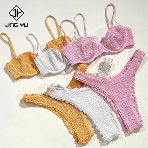 Maillot de bain deux pièces original avec logo personnalisé, taille haute, motif sans couture, plissé, ensemble de bikini froissé, maillots de bain pour femmes - Product Image 2