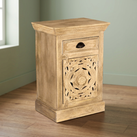 Table de chevet sculptée à la main en bois de manguier massif, motif floral indien, avec tiroir, design moderne, origine Rajasthan, table de rangement