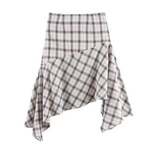 Blusa informal de moda para mujer, cuello redondo, manga larga, estampado a cuadros, color blanco y gris - Product Image 3