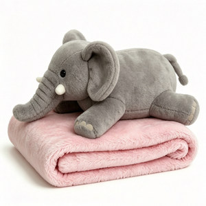 Customized Cute back-facing grey elephant plush stuffed animal with soft <b>pink</b> fuzzy blanket 2-in-1 multifunction pillow - Product Image 5