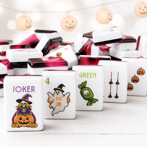 Échantillon <span class=keywords><strong>de</strong></span> jeu <span class=keywords><strong>de</strong></span> Mahjong <span class=keywords><strong>de</strong></span> luxe personnalisé pour Halloween, 160 tuiles en acrylique non toxiques, design effrayant, motifs citrouille, pour les acheteurs en gros - Product Image 2