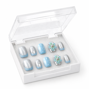 Faux ongles à presser motif fleur bleue, finition nacrée brillante, forme carrée, pour nail art, courts, sur mesure, faits main - Product Image 2