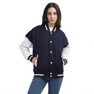 เสื้อแจ็คเก็ตวาร์ซิตี้สีขาวกรมท่า แบบคัลเลอร์บล็อก สไตล์พรีปปี้ สำหรับทุกเพศ เสื้อแจ็คเก็ตเบสบอล ใส่สบายๆ ในฤดูใบไม้ร่วง ทรงปกติ ปกเสื้อพับได้ - Product Image 1