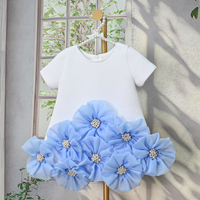 Robe de Princesse pour Enfants, Robe de Soirée Illusion Tendance pour Fille, Robe de Bal Formelle sans Manches avec Col et Appliques Florales 3D