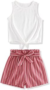 Set di vestiti estivi per ragazze 2 pezzi tinta unita Tie Top e pantaloncini a righe vestito da festa per bambine - Product Image 2