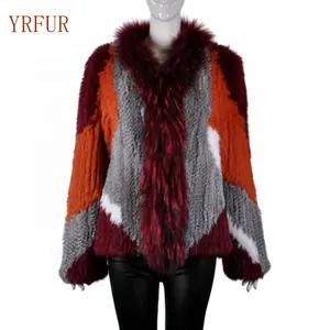 YR940 China Factory Latest Style Women Knitted Real Rabbit Fur Coat with Big Raccoon Collar