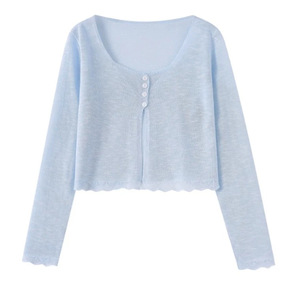 Women's Thin Knitted Crop <b>Cardigan</b> Long Sleeve Solid Color Breathable Loose Fit Single Breasted Wavy <b>Edge</b> Top - Product Image 2