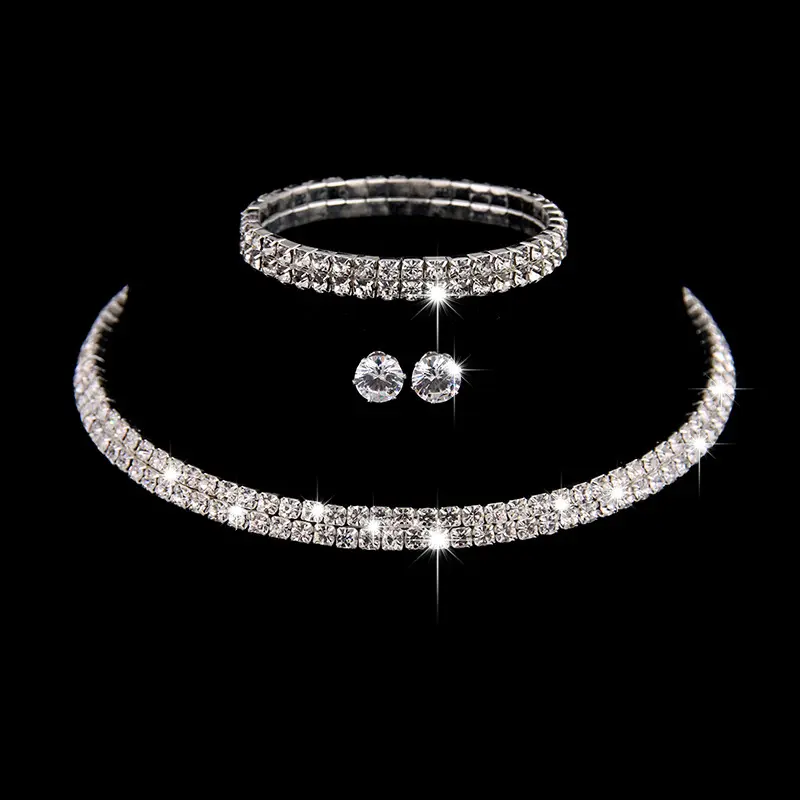 New Wire Spring Rhinestone Necklace Copper Bracelet Elastic And Diamond Stud Earrings Silver Jewelry Sets For Woman Luxury 2022