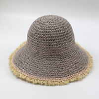 Pliable papier paille large bord soleil seau chapeau plage crème solaire été disquette femmes épissage conception raphia effiloché bord chapeau de paille
