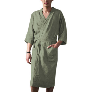 Accappatoio da Uomo a <span class=keywords><strong>Tre</strong></span> <span class=keywords><strong>Quarti</strong></span> di <span class=keywords><strong>Manica</strong></span>, Nuovo Stile, Lungo, per Casa, Tinta Unita, Comodo, in Lino, Pigiama, Vestaglia, Abbigliamento Notturno - Product Image 2