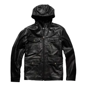 Manufacturers custom cheap genuine leather hooded hunting men's cowhide leather jacket