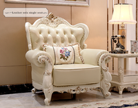 Sofá Seccional de Cuero Europeo de Alta Gama, Madera Maciza Tallada, Estilo Lujoso, Blanco, Completamente Ensamblado, Duradero, para Sala de Estar de Hotel