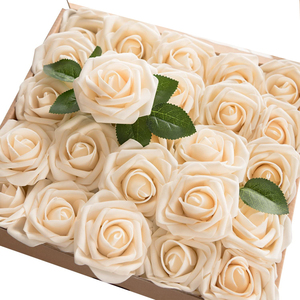 Flores artificiales 25PCS Cream Roses Flower Box Set con tallo para centros <span class=keywords><strong>de</strong></span> mesa <span class=keywords><strong>de</strong></span> boda DIY <span class=keywords><strong>y</strong></span> decoraciones <span class=keywords><strong>de</strong></span> mesa - Product Image 2