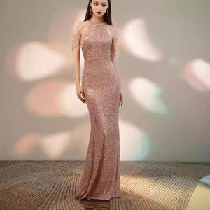 Halter Neck <b>Sequined</b> Bodycon Evening Gown Wine <b>Red</b> Long Fit For Women Formal Party Dress - Product Image 3