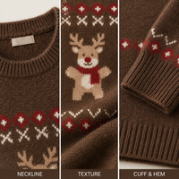 Pull de Noël personnalisé pour homme, marron, motif renne, en mélange de laine 12GG, jacquard mignon, style vintage nordique, pull de fête, OEM