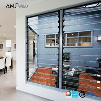 Fenêtre à persiennes en verre avec cadre en aluminium horizontal, poignée et ventilation réglables, idéale pour balcon
