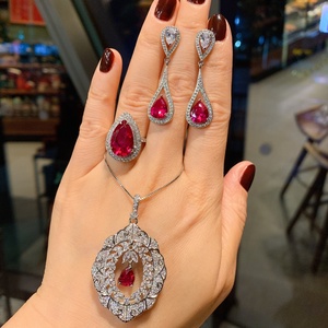 Fashion Red Cubic Zirconia Vintage Micro Pave Gold Plated Necklace <b>Earrings</b> <b>Set</b> Eco-friendly Copper Zircon Jewelry for Party - Product Image 1