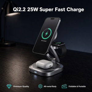25W Qi2 3 in 1 Super Fast Wireless Charging Station Zinc Alloy Foldable Magnetic Charger for iPhone 15 14 13 Smartwatch Earbuds - Product Image 1